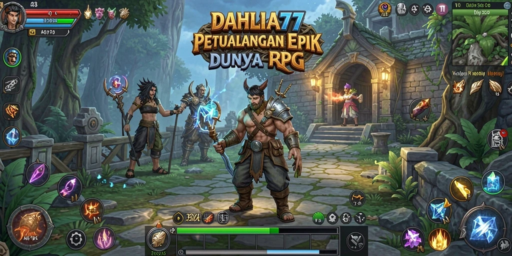 Screenshot DAHLIA77 menampilkan karakter utama dalam pertarungan epik RPG.
