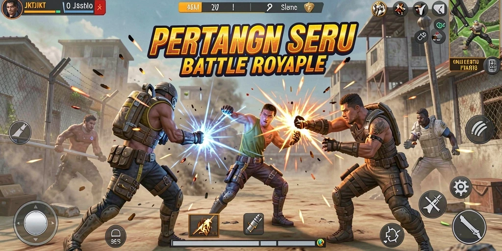 Tampilan utama gameplay JKTJKT dalam pertempuran Battle Royale yang mendebarkan.