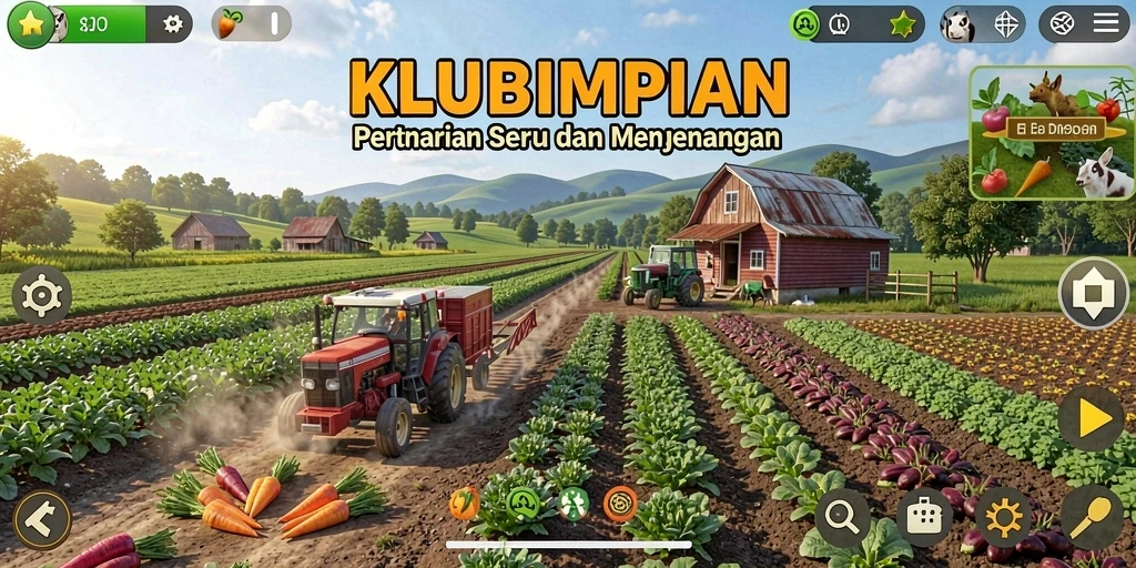 Tampilan gameplay KLUBIMPIAN yang menampilkan suasana pertanian yang harmonis.