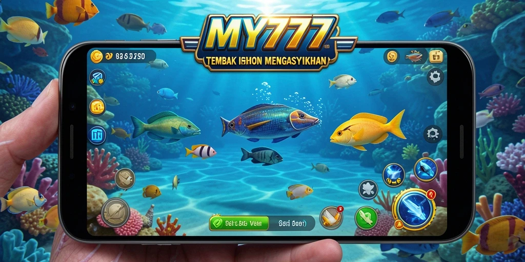 Screenshot utama MY777 menunjukkan aksi menembak ikan yang penuh warna.