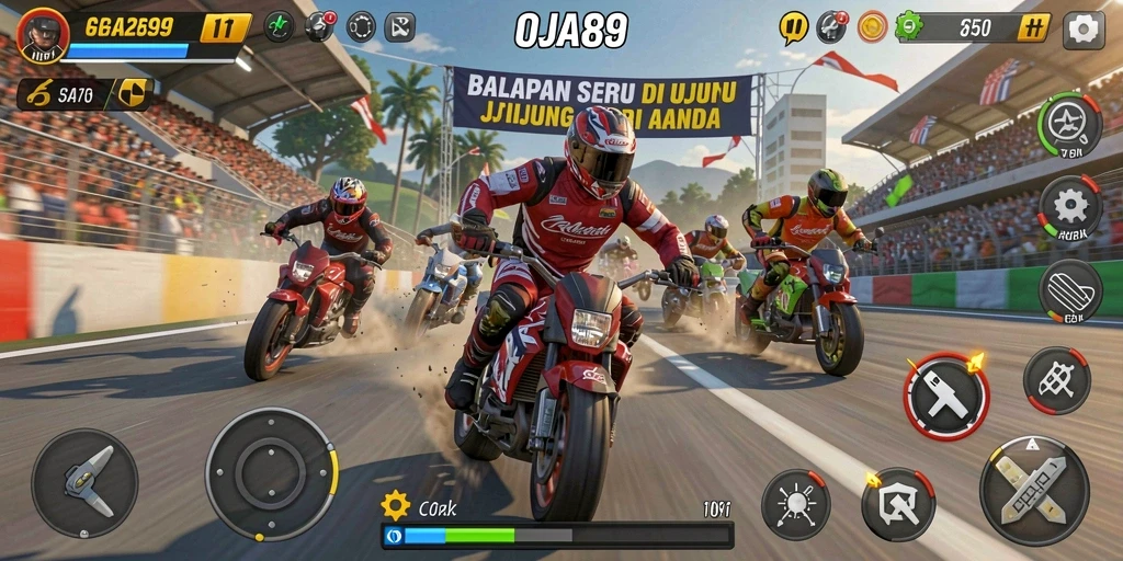 Tangkapan layar gameplay OJA89 menampilkan mobil balap di lintasan yang menegangkan.
