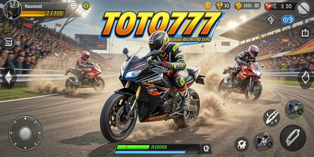 Tangkapan layar gameplay TOTO777 yang menunjukkan aksi balap motor yang mendebarkan.