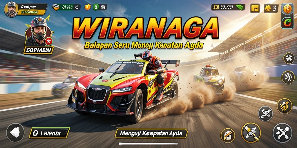 Tampilan gameplay menegangkan dalam balapan WIRANAGA yang seru.